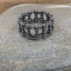 Bike Chain Ring In Silver Tone Over Alloy Metal. Very Neat. Size:12 Guitar Ring, Lion Head Necklace, Promise Ring Band, Patriotic Bracelet, Ankh Necklace, North Star Necklace, Silver Chain For Men, Bike Chain, Gold Cross Pendant