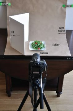 a camera is sitting on a tripod in front of a paper bag with food inside it