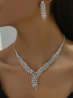 2pcs/Set Bride's Necklace & Earrings Combos Set With Rhinestone Decor, Suitable For Weddings, Parties, Banquet, Etc. Halloween Silver Elegant,Gorgeous-Luxury   Copper     Wedding & Event, size features are:Bust: ,Length: ,Sleeve Length: Bride Necklace, Jewellery Wedding, Copper Wedding, Silver Jewellery Sets, Rhinestone Decor, Hawaii Wedding, Wedding Event, Necklace Earrings, Luxury Wedding