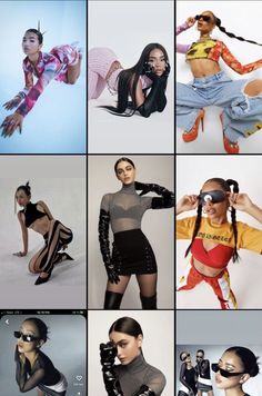 many different pictures of women in clothes and accessories, all with their hands on their hipss