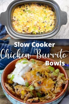 slow cooker chicken burrito bowls with text overlay