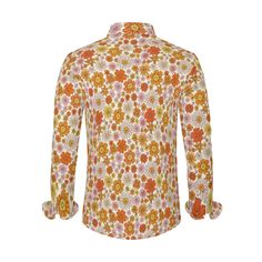 Embark on a journey to the free-spirited era of the 70s with our Vintage 70s Style Shirt, a Retro Shirt meticulously designed for the modern man who appreciates the timeless charm of hippie fashion. This Hippie Shirt for Men boasts a vibrant floral pattern in orange, pink, white, and yellow hues, capturing the eclectic and carefree style of the 70s. Ideal as a Men's Dress Shirt, this 70s Inspired Shirt effortlessly infuses your wardrobe with retro charm.Whether you're attending a special event o Slim Fit Graphic Print Shirt For Spring, Casual Shirt With Retro Print For Spring, Spring Casual Shirt With Retro Print, Casual Retro Print Shirt For Spring, Vintage Cotton Shirt With Retro Print, Cotton Retro Shirt With Retro Print, Cotton Shirt With Retro Print, Retro Orange Cotton Shirt, Fitted Graphic Print Shirt For Spring