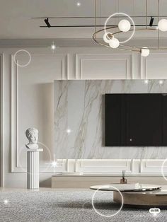 an elegant living room with white marble walls and flooring is featured in this image