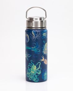 "Perfect for days in the lab, out at sea, or in the aquarium, this Octopus & Squid Vacuum Flask is ready for whatever your day has in store. Pour yourself a coffee and even if you don't get around to drinking it for hours, it'll still be toasty and delicious whenever you're ready for it. Let this flask inspire you to delve a little deeper into your oceanology research or your marine biology thesis-writing. With a textured design for a unique tactile experience, this flask will keep your drink ho Octopus Squid, Water Flask, Octopus Print, Hot Cider, Female Outfits, Metal Water Bottle, Thesis Writing, Marine Biology, Textured Design