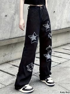 Katykey - Womens Star Graphic Casual Straight Jeans: Fashionable Loose Fit Street Style Denim Pants Black Straight Leg Pants With Star Print, Trendy Straight Leg Bottoms With Star Print, Spring Wide Leg Jeans With Star Print, Streetwear Wide Leg Bottoms With Star Print, Wide Leg Bottoms With Star Print For Streetwear, Star Print Wide Leg Bottoms For Streetwear, Wide Leg Star Print Bottoms For Streetwear, Black Wide Leg Pants With Star Print, Cotton Bottoms With Star Print For Streetwear