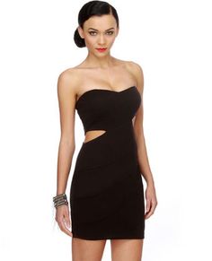 want this dress! Edgy Strapless Tube Top For Night Out, Black Strapless Dress With Cutout, Chic Bandeau Dress For Going Out, Edgy Strapless Tube Top For Party, Strapless Cutout Dress For Night Out, Edgy Strapless Mini Dress For Club, Elegant Strapless Mini Dress With Cutout, Elegant Strapless Cutout Mini Dress, Edgy Strapless Evening Dress