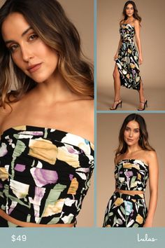 Be bold for spring with the Lulus Super Bloom Black Floral Print Strapless Tube Top! Woven fabric, with a watercolor-inspired floral print throughout, shapes this tube top that has a strapless neckline and a ruched bodice that ends at a cropped hem. Smocking at back for fit. Hidden side zipper. Pair with the matching skirt for a complete look! Fit: This garment fits true to size. Length: Size medium measures 8.5" from top to bottom. Bust: Great for any cup size. Waist: Fitted - very fitted at na Spring Bandeau Tube Top For Night Out, Bandeau Tube Top For Night Out In Spring, Bandeau Tube Top For Spring Night Out, Multicolor Strapless Tube Top For Summer, Trendy Strapless Tube Top For Spring, Floral Print Sleeveless Tube Top For Party, Fitted Floral Print Strapless Tube Top, Strapless Floral Print Top For Spring, Fitted Strapless Floral Print Tube Top