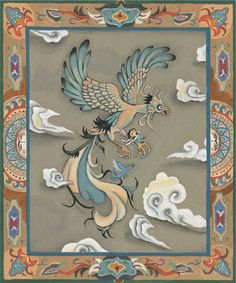 an ornate painting with birds and clouds in the background