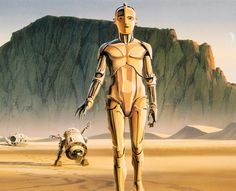 an image of a robot walking in the desert with two other robots behind it and mountains in the background