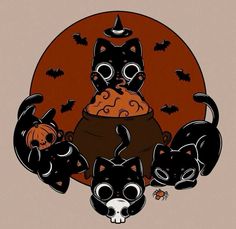 an image of cats and bats with pumpkins