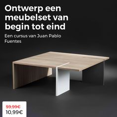 an advertisement for a furniture store with a wooden table and two white legs on it