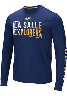 Show off your team pride in this La Salle Explorers Navy Blue Lutz Long Sleeve T Shirt! This La Salle Long Sleeve Tee features a rubberized print of La Salle name across chest with team logo down left sleeve. Make sure everyone knows you root for the Explorers with this Navy Blue La Salle T Shirt. Fight On, Explorers! Two tone rubberized team name across chest, Team logo printed down left sleeve, Relaxed fit, Unisex, 60% COTTON / 40% POLYESTER Cheap Collegiate Fan Gear Shirt, Cheap Blue Tops For Team Spirit, Affordable Sports T-shirt With Logo, Cotton Tops With Ribbed Cuffs For Fan Merchandise, Collegiate Team-colored Top With Lettering, Collegiate Tops With Team-colored Lettering, Casual Team-colored Tops With Lettering, Sports Fan Apparel Tops With Lettering, Sports Cotton T-shirt With Ribbed Cuffs