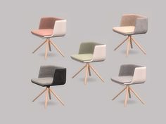 six different colored chairs with wooden legs