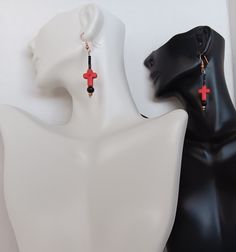 Beautiful Baubles, Stone Cross, Artist Gifts, Gifts For An Artist, Original Jewelry, Black Earrings, Red Stone, Copper Plated, Black Beads