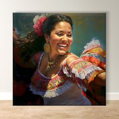 a painting of a woman in mexican attire