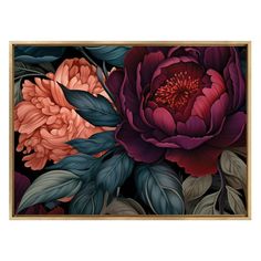 a painting of flowers with leaves on the bottom and one large flower in the middle