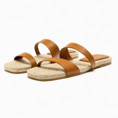 Zara Low-Heeled Strappy Leather Sandals. Details: Flat Sandals With Leather Straps. Jute Soles. Squared Toe. Sole Height 0.4" (1cm) Color:Brown 1624/210 Upper:Leather Lining:100% Polyurethane Sole:Rubber Insole:80% Jute 20% Leather Nwt Purple Sandals, Zara Sandals, Minimalist Flat, Strappy Leather Sandals, Zara Heels, White Sandals Heels, Strappy Flats, Zara Leather, Zara New