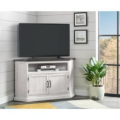 an entertainment center with a flat screen tv on top of it and a potted plant next to it