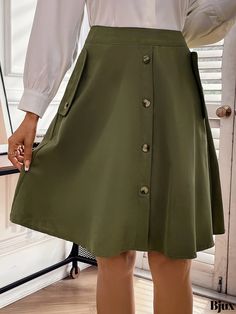 Bjux - Womens Elegant Solid Button Front Pocket Flared Skirts with Loose High Waist - Fashionable and Chic Clothing Knee-length Buttoned Skirt, Solid Knee-length Skirt With Buttons, Green Knee-length Skirt With Button Closure, Knee-length Solid Skirt With Button Closure, Solid Skirt With Button Closure For Fall, Solid Knee-length Skirt With Button Closure, Solid Color Skirt With Button Closure For Fall, Solid Color Knee-length Skirt With Button Closure, A-line Skirt With Buttons For Work