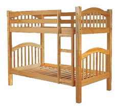 a wooden bunk bed with no mattress on it