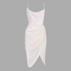 This elegant Draped Collar Wrap Ruched Satin Cami Midi Dress is made of premium satin for a luxurious feel. The draped collar wrap and ruched detailing bring a sense of refinement to every look. Perfect for any special occasion. Fit Type: Slim Fit Fabric: High Stretch Material: Polyester, Elastane Pre-draped Party Dress With Ruched Sides, Pre-draped Satin Dress With Spaghetti Straps, Pre-draped Ruched Dresses For Date Night, Elegant Sleeveless Satin Dress With Ruched Bodice, Fitted Pre-draped Satin Cocktail Dress, Ruched Satin Mini Dress For Cocktail, Silk Draped Dress With Ruched Bodice, Elegant Satin Mini Dress With Ruched Bodice, Elegant Satin Dress With Pleated Bodice