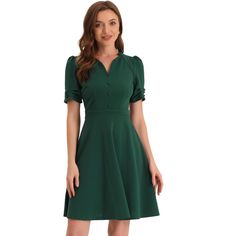 In a timeless classic design, this special and elegant dress adds to your choice for the upcoming seasons. Breathable and nice quality material perfectly draws out your waistline and elongates your legs. Pair it with high heels and you can build an urban chic elegant business lady look. Occasions: Work, Office, Urban Casual, Coffee Shop, Daily, Date, Business, Formal, Ceremony, Weekend, etc. Elegant Fitted Vintage Dress In Solid Color, Elegant Solid Color Fitted Vintage Dress, Elegant A-line Vintage Dress With Buttons, Formal Short Sleeve Mini Dress In Solid Color, Elegant Knee-length Vintage Dress, Elegant Vintage Midi Dress, Semi-formal Short Sleeve Dress, Formal Puff Sleeve Dresses In Solid Color, Formal Puff Sleeve Solid Color Dress