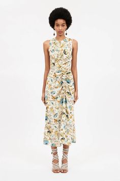 Ulla Johnson - Lorna dress in Floral Pre-draped Sleeveless Dress With Ruffles, Pre-draped Sleeveless Summer Midi Dress, Pre-draped Sleeveless Midi Dress With Ruched Bodice, Chic Sleeveless Dress With Gathered Neckline, Spring Sleeveless Maxi Dress With Gathered Neckline, Sleeveless Maxi Dress With Gathered Neckline For Spring, Sleeveless Silk Midi Dress With Ruched Detail, Silk Sleeveless Dress With Ruched Bodice, Sleeveless Silk Asymmetrical Dress With Ruched Detail