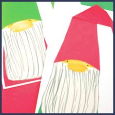 two gnomes are standing next to each other in front of green and red background