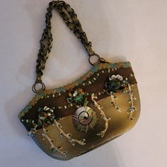 Nwot - Perfect Condition - Unique Mary Frances Handbag. Green Background. Sea Motif. Chain/Braided Handles. Magnetic Clasp. Smoke-Free And Pet-Free Home. Mary Frances Handbags Vintage, Mary Frances Southwest Handbag, Bohemian Green Beaded Bag, Artisan Multicolor Beaded Bags, Mary Frances Purses, Background Sea, Mary Frances Bags, Mary Frances Handbags, Mary Frances