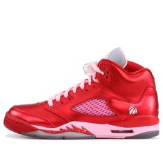 The Air Jordan 5 Retro GG ‘Valentines Day’ is the perfect pair of shoes to show your loved ones how much you care. In a festive red and pink colorway, these sneakers are updated in girls’ sizing for Valentine’s Day 2013. The upper is made of Gym Red leather and decorated with Ion Pink detailing on the laces, panels and midsole. The Air Jordan 5's signature iconic shark teeth designs appear in a speckled red hue along the midsole. The ‘Love of the Game’ fusion heart basketball emblem hits the heel counter, making these shoes not only stylish but also symbolic of your love. (AJ5/SNKR/Colorblock/Basketball/Valentine's Day) Pink Basketball Shoes With Round Toe, Sporty Pink Jordan Shoes With Rubber Sole, Pink Sneakers With Red Sole For Streetwear, Pink Mid-top Jordan Shoes With Boost Midsole, Pink Custom Sneakers With Red Sole, Pink Mid-top Jordan Shoes For Sports, Casual Pink Basketball Shoes With Red Sole, Pink High-top Basketball Shoes With Red Sole, Pink Jordan Sports Shoes With Cushioned Footbed