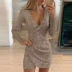 Women's Gold Sequin Dress Gold Dress Party Dress Sparkly Dress Homecoming Dress Mini Dress Silver Black Long Sleeve Fall Winter V Neck Fashion Winter Dress 2024 - $6.49 Gold Formal Dress Short, Sparkly Dress Homecoming, Gold Hoco Dress, Sequin Dress Gold, Gold Formal Dress, Gold Party Dress, Womens Fasion, 18th Bday, Gold Sequin Dress