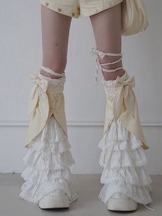 [$47.57]Beige Bowknots Tiered Leg Warmers Lace-up Detail Lolíta Aesthetic Pink, Leg Warmers Drawing, Kawaii Leg Warmer Outfit, Beige Leg Warmers, Leg Warmer Lace, Upcycled Leg Warmers, White Fitted Harajuku Leg Warmers, White Harajuku Style Knee-high Leg Warmers, Cute Leg Warmers