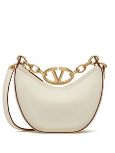 white nappa leather VLogo Signature chain-link top handle detachable shoulder strap top zip fastening main compartment internal logo stamp gold-tone hardware Moon Shoulder Bag, Valentino Bag, Moon Silhouette, Valentino Garavani Bag, Moon Bag, Leather Hobo Handbags, Mini Moon, Valentino Bags, Mini Shoulder Bag