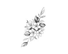 a black and white drawing of flowers with leaves on the side, in front of a white background