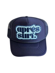 Apres Surf Trucker Hat Surf all day long and then vibe. This his or hers trucker is part of our Destination Collection. Cute and perfect for your next day in the sun. So light, medium profile and a perfect addition to your growing hat collection. This patch is sewn on for extra durability. 5 Panel Foam Mesh Back Trucker, Pro Style Adult Sizing 100% Poly Foam Front, 100% Nylon Back Trucker Baseball Cap With Curved Bill For Beach, Spring Beach Trucker Hat, 5-panel, Blue Summer Trucker Hat, Blue Adjustable Trucker Hat For Summer, Blue Adjustable Summer Trucker Hat, Summer Blue Snapback Trucker Hat, Beach-style Trucker Hat With 5-panel Design, Spring Beach Snapback Hat, 5-panel, Blue Snapback Trucker Hat For Summer