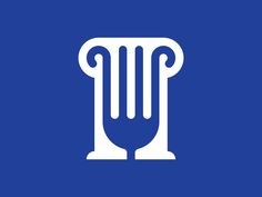 a blue and white logo with an image of a fork in the shape of a vase