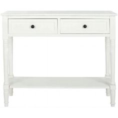 a white console table with two drawers on one side and an open drawer on the other