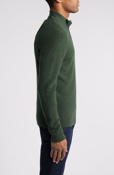 Shaker stitching brings a lofty feel to this sporty quarter-zip sweater knit from cashmere-kissed cotton yarn. Quarter-zip closure Stand collar Long sleeves Ribbed cuffs and hem 95% cotton, 5% cashmere Machine wash, dry flat Imported Casual Green Cashmere Sweater, Casual Merino Wool Outerwear With Funnel Neck, Casual Funnel Neck Merino Wool Outerwear, Casual Cashmere Sweater With Funnel Neck, Casual Wool Half-zip Sweater, Casual Wool Turtleneck With Ribbed Collar, Green Half-zip Fall Sweater, Cashmere Half-zip Sweater, Casual Cashmere Half-zip Sweater