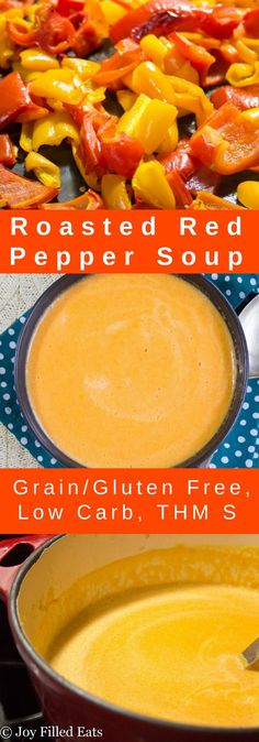 two pictures showing different types of red pepper soup and how to make it in the slow cooker