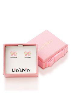 Pretty pink bows distinguish darling stud earrings plated in 18-karat gold. Adult supervision strongly recommended; jewelry presents choking hazard and should be removed when infant or small child is unattended 3/8" square Surgical steel post back 18k-gold plate/enamel Imported Kids' Wear Item ships in a gift box Kids Lab, Tiny Dancer, Flower Stud Earrings, Flower Stud, Earrings In Gold, Flower Earrings Studs, Flower Studs, Stud Earrings Set, Girls Earrings