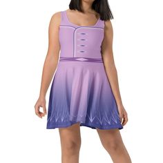 This cute  dress is custom printed, and made of a high quality fabric that is 82% polyester and 18% spandex. It is soft and stretchy, making it perfect for a long day at the theme parks! The fit and flare skater style dress has an elastic waistband, and the flared skirt falls around mid-thigh to above-the-knee. It comes in sizes from XS to 3X!  Please note that there may be some slight differences in the way the physical dress looks compared to the listing photo, since each dress is printed, cut and sewn individually and made by hand. Washing this dress by hand with cold water, and turning it inside out before washing will help keep the fabric at its best! Elsa Purple Dress Frozen 2, Skater Style Dress, Elsa Costume, Princess Half Marathon, Skater Style, Fall Skirts, Handmade Dresses, Theme Parks, Flared Skirt