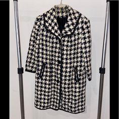 Purchased Back In The 1950’s By My Great Grandma. Betty Rose Vintage Jacket Black And White Houndstooth Size Large 3 Buttons 3/4 Sleeve Short Pea Coat Style With Pockets Really Good Condition With One Small Tear In Liner In The Armpit That Can Be Stitched Fitted Vintage Outerwear With Houndstooth Pattern, Vintage Houndstooth Outerwear For Winter, Vintage Wool Houndstooth Outerwear, Wool Houndstooth Vintage Outerwear, Vintage Houndstooth Outerwear, White Wool Coat, Color Block Coats, Jacket Black And White, Faux Fur Collar Coat