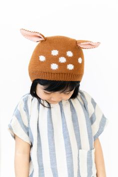 KNIT FAWN HAT – PEPPERKIDS Brown Cotton Hat One Size, Cute Fitted Warm Beanie, Warm Fitted Cute Beanie, Brown Knitted Cotton Hat, Cute Brown Winter Beanie, Warm Adjustable Hats For Playtime, Cute Warm Hats One Size, Adjustable Soft Knit Brown Beanie, Adjustable Brown Soft Knit Beanie