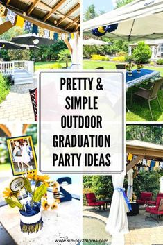 an outdoor graduation party with pictures and decorations