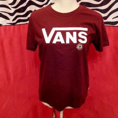 Nwt, Vans Maroon Logo T-Shirt, Women's Multiple Sizes Vans Cotton Graphic Tee, Vans Graphic Short Sleeve T-shirt, Vans Short-sleeved Graphic Tee, Vans Graphic Print Crew Neck T-shirt, Vans Crew Neck T-shirt For Streetwear, Casual Vans Tops With Screen Print, Vans Short Sleeve Top With Letter Print, Purple Cotton Logo Print Top, Purple Cotton Tops With Logo Print