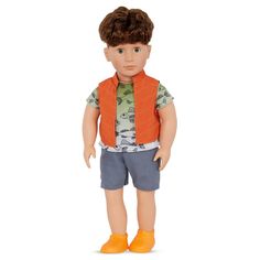 a boy doll with brown hair and blue shorts, wearing an orange vest and yellow shoes