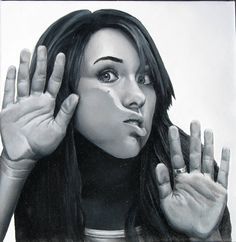 a drawing of a woman holding her hands up in front of her face with both hands