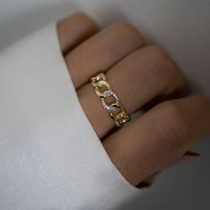 This two-toned chain ring is beautiful and is great for stacking! Looks great mix-and-matched with silver/white gold as well! Made of 925 Sterling Silver 14K Gold plating Nickel-free & Hypoallergenic Height: 6mm Available sizes: 4-10 Two Toned Jewelry Aesthetic, Two Toned Ring, Two Toned Jewelry, Gold And Silver Rings Mixed, Silver And Gold Jewelry Mixing, Mixed Metal Ring, Mixed Metal Rings, Gold And Silver Rings, Demi Fine Jewelry