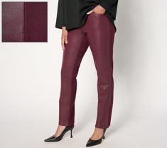 Cool girl in the front, sensible style in the back -- Kim Gravel's faux-leather and ponte pants offer an elevated take on fall fashion.   Revive your wardrobe with this statement piece. The faux-leather front gives this look a luxe touch, while the ponte knit back provides superior structure and stretch for all-day comfort. Designed with a flat waistband to help smooth the midsection and provide support, this standout pant is a prime pick for all occasions.  Pair them with a button-front blouse Kim Gravel, Ponte Pants, Chic Office, Pair Of Pants, Low Maintenance, Fall Fashion, Cool Girl, Print T Shirt, Kitten Heels