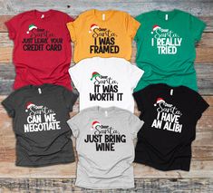 Get ready for the holiday season with our adorable "Dear Santa" shirts! Perfect for family gatherings, holiday photos, or festive outings, these matching shirts bring a touch of fun and warmth to your celebrations. Choose one of my custom sayings or come up with your own! Some Ideas: Dear Santa, Define Good I Didn't Do It He Did It She Did It Just Bring Wine Can We Negotiate It Was Worth It I Have an Alibi I Was Framed I Really Tried I Was Good-ish Don't Judge Me Colors can be changed upon request. These shirts are all made to order - design may vary slightly.  Unless Requested - Santa hat will be red with the white fur except the red shirt hat will be green and white shirt fur will be green Shirts: Adult Unisex Tshirts. These shirts are super soft - Heather CVC/Blend Colors are made from Christmas Tshirt Ideas Family, Dear Santa Shirts, Holiday Shirt Ideas, Christmas Best Friend, Dear Santa Define Good, Green Shirts, Matching Family Shirts, Santa Shirt, Order Design